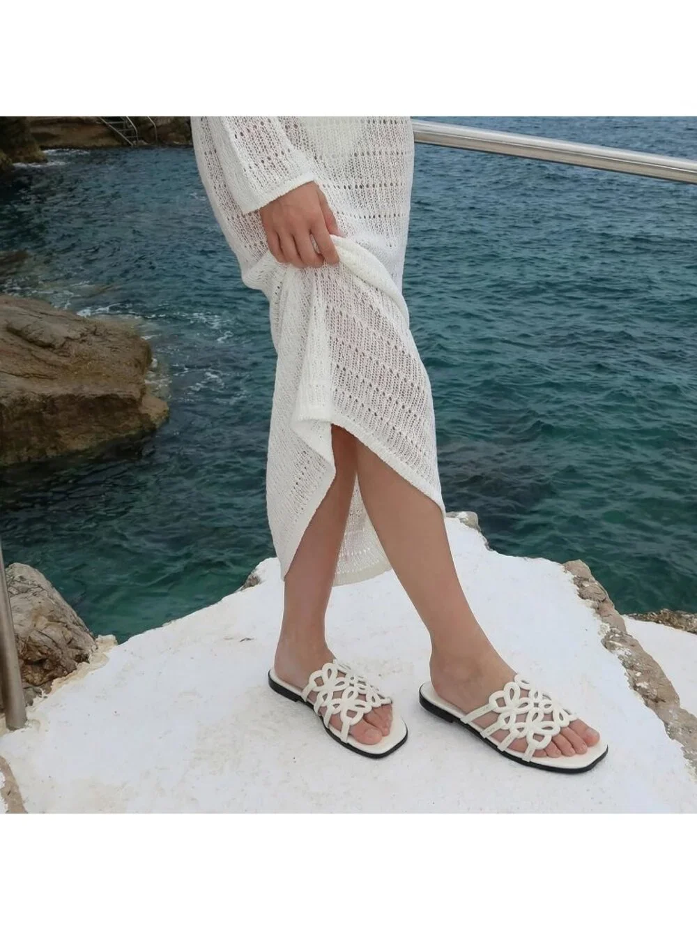 Women's White Rubber Ankle Strap Open Toe Flats Slip On Comfortable Shoes